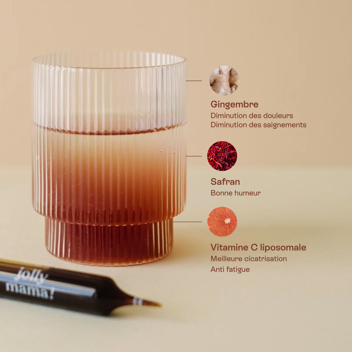 Happy Postpartum Jolly Mama ampoule corail, formule safran, gingembre et vitamine C