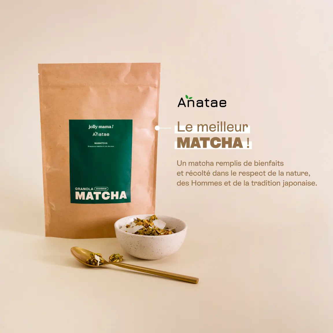 Granola Matcha & coco – sachet sans gluten, riche en fibres et magnésium