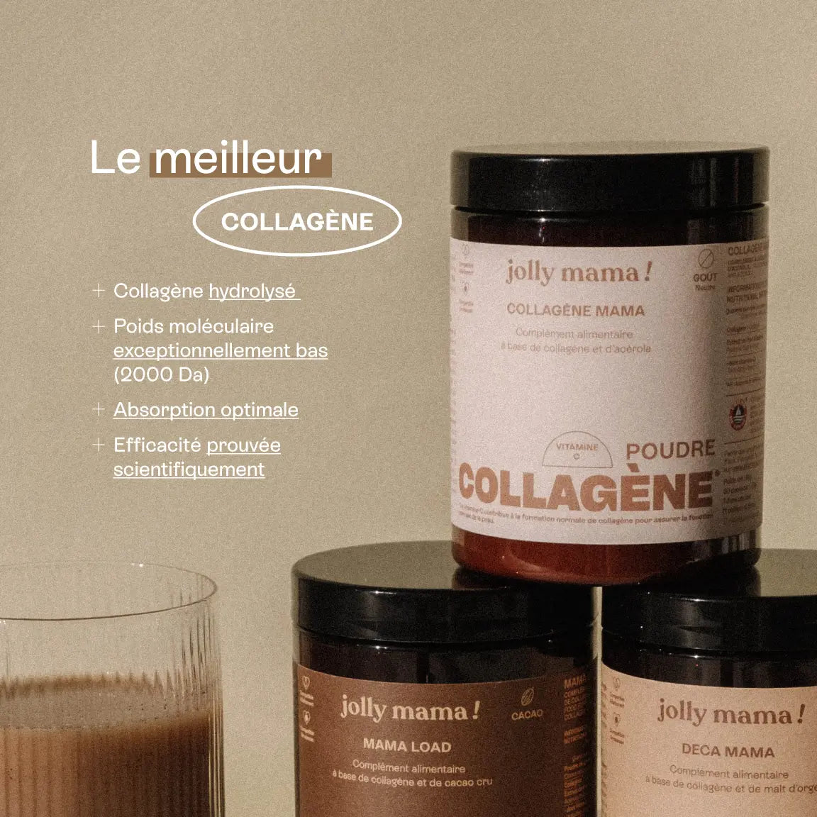 Image du pot de collagène en poudre 'Collagène Mama' avec deux autres compléments collagène en arrière-plan. Texte à gauche présentant les bénéfices d’un collagène hydrolysé, à faible poids moléculaire et bonne absorption. Ambiance douce et naturelle.