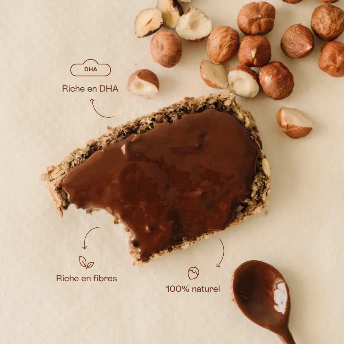Infographies des bienfaits de la pâte à tartiner Jolly Mama: riche en DHA, riche en fibres, 100% naturel
