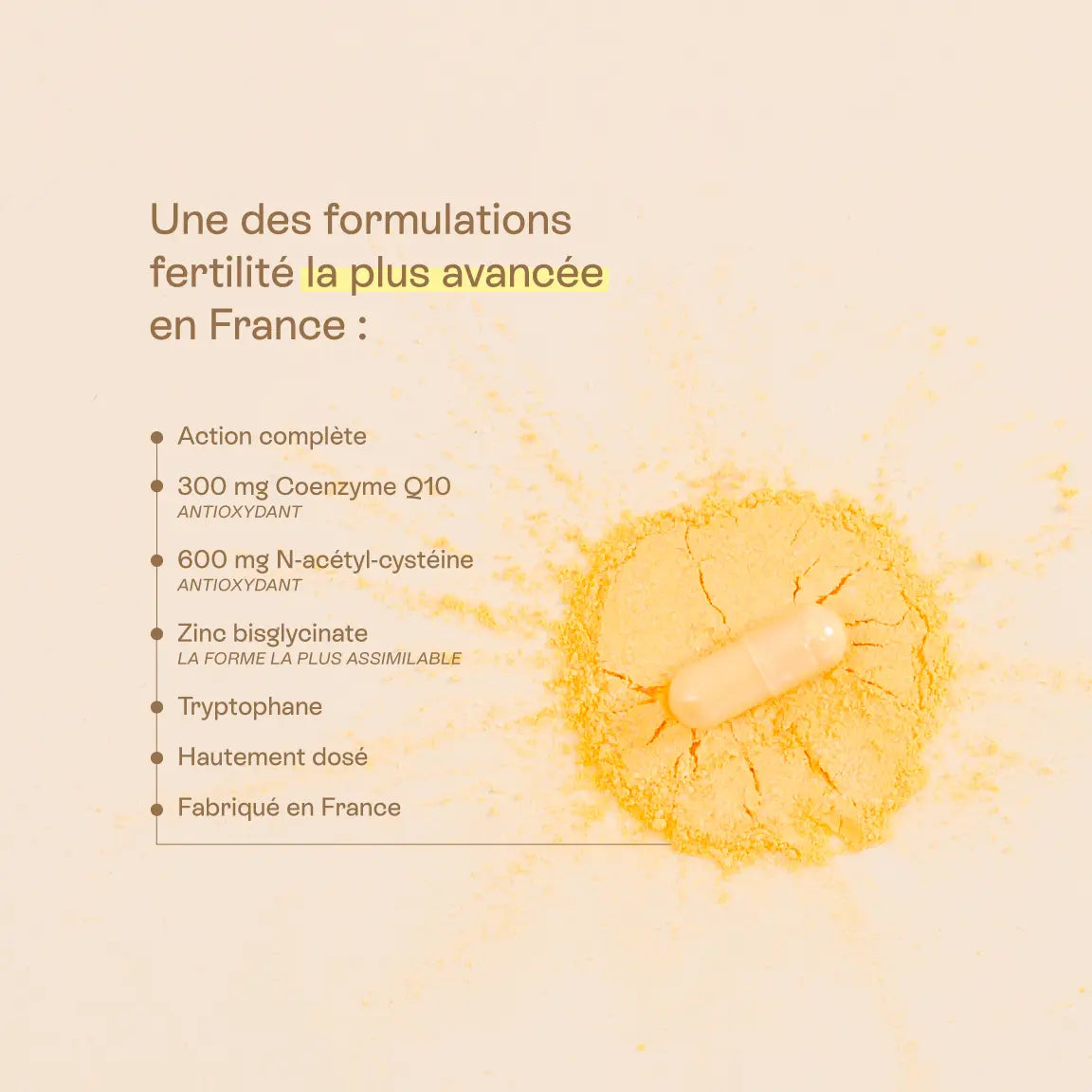 formulation du produit fertilité (coenzyme Q10, NAC, zinc, tryptophane)