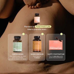 les produits compatibles avec les vitamines post partum (omega, magnésium, happy postpartum)