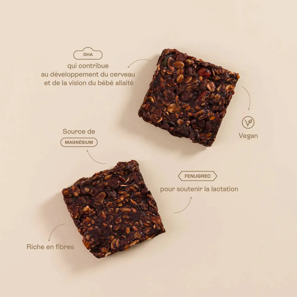 Deux snacks d’allaitement au chocolat avec des flèches indiquant : DHA qui contribue au développement du cerveau et de la vision du bébé allaité, source de magnésium, vegan, fenugrec pour soutenir la lactation, riche en fibres. 
