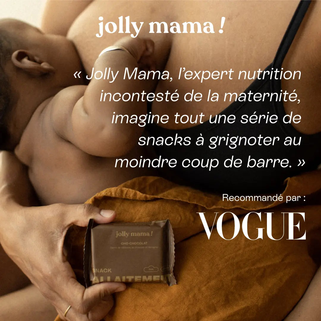  Citation du magazine Vogue : “Jolly Mama, l'expert nutrition incontesté de la maternité, imagine toute une série de snacks à grignoter au moindre coup de barre.
