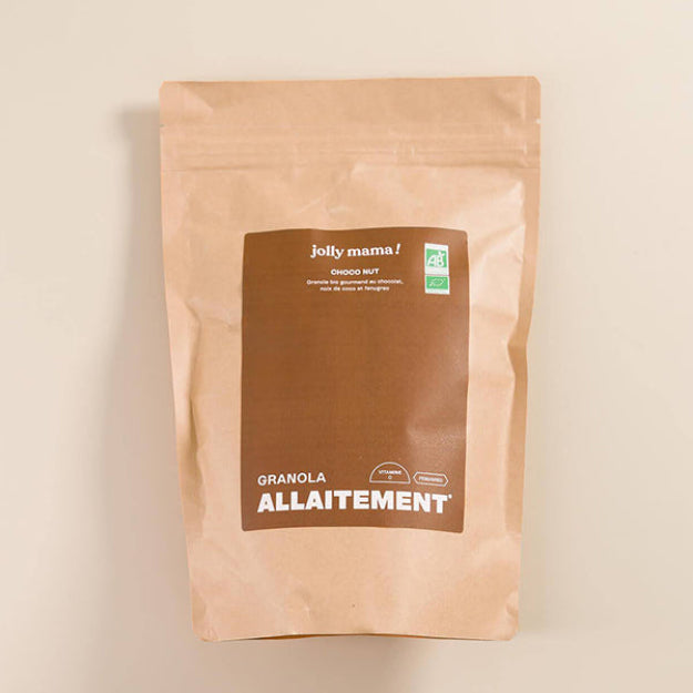 Sachet de granola bio au chocolat conçu pour soutenir la lactation.