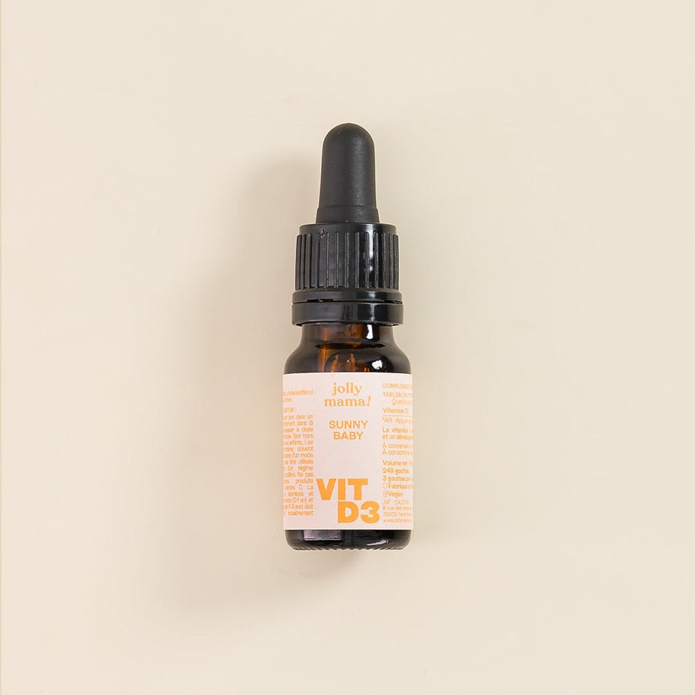 Sunny Baby Jolly Mama – pipette vitamine D3 végétale pour bébé, 10 µg/j (3 gouttes), sans conservateurs, sans gluten, made in France