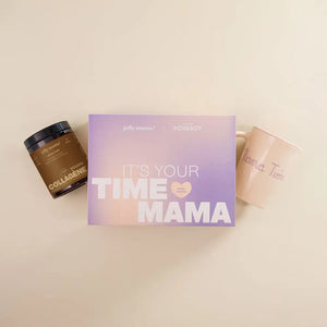 visuel coffret poudre collagène cacao et tasse inscription Mama time 