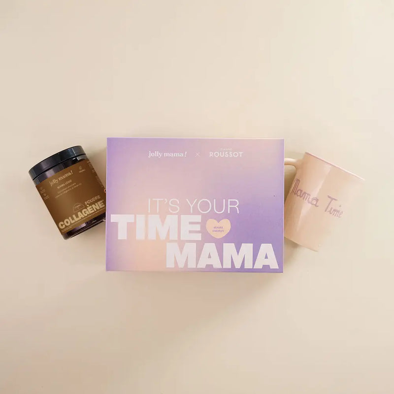 visuel coffret poudre collagène cacao et tasse inscription Mama time 