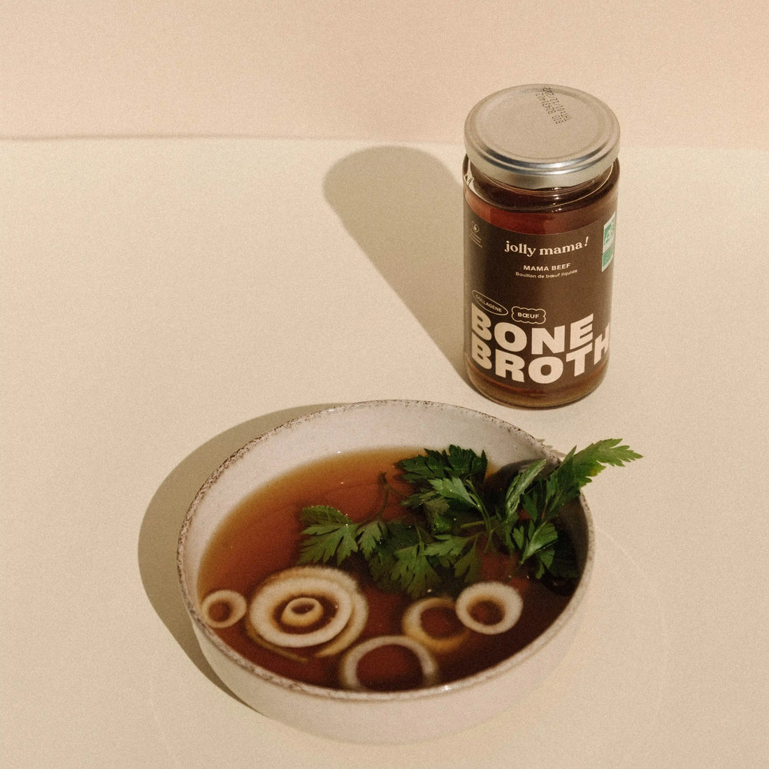 Bouillon Mama Beef en pot verre brun – soutien post-partum, grossesse et allaitement