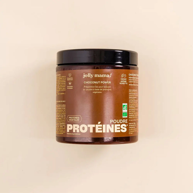 visuel du pot de poudre protéines végétales chocolat et noisettes