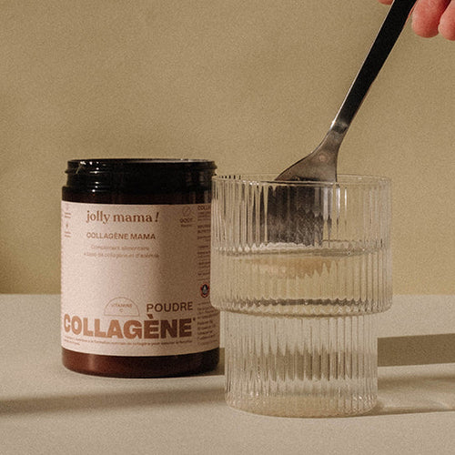 Pack collagène Jolly Mama – deux poudres au collagène marin (cacao cru + neutre) et bouillon d’os de poule bio