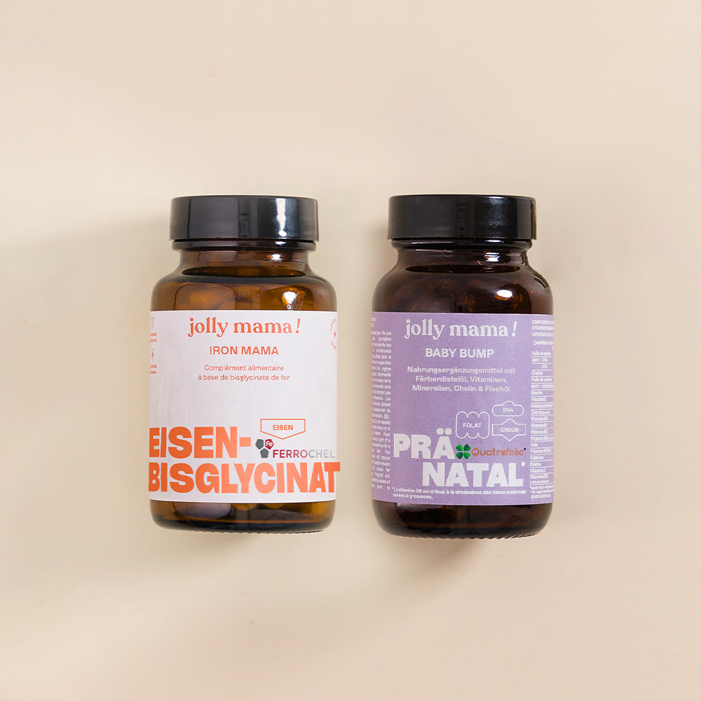 Pack Schwangerschaft Eisen Jolly Mama – Baby Bump (Multivitamine, DHA, Cholin) und Iron Mama (100 % Tagesbedarf in einer Kapsel)