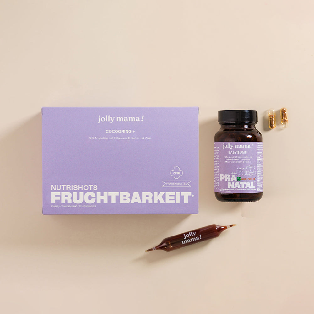 Jolly Mama Fruchtbarkeitsset – Cocooning+ (Pflanzen & Zink) und Baby Bump (Folsäure, Multivitamine, DHA & Cholin)