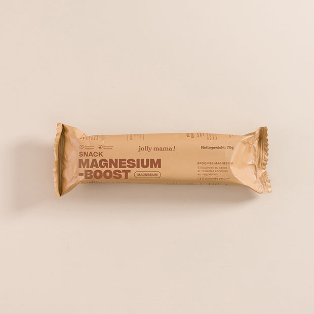 Verpackung der Magnesium-Snacks mit Schokoladengeschmack: einzeln verpackt, vegan, ohne Zuckerzusatz, reich an Ballaststoffen und mit gut absorbierbarem Magnesium