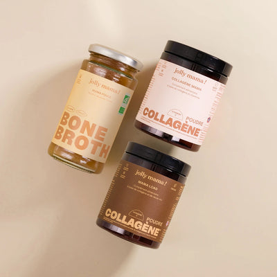 visuel pot Bouillon, pot poudre collagène cacao et pot poudre collagène neutre