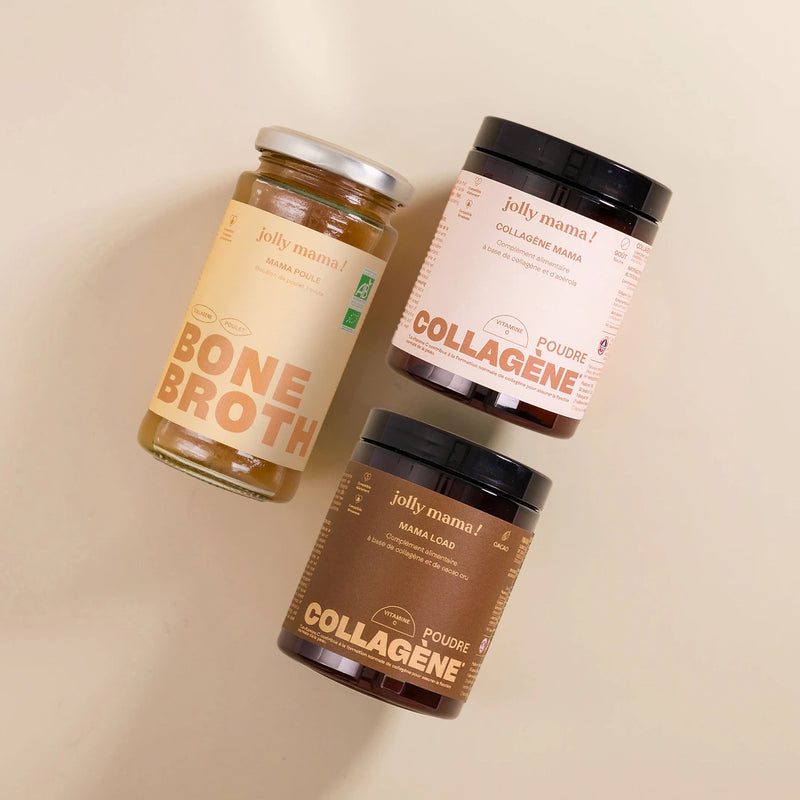visuel pot Bouillon, pot poudre collagène cacao et pot poudre collagène neutre
