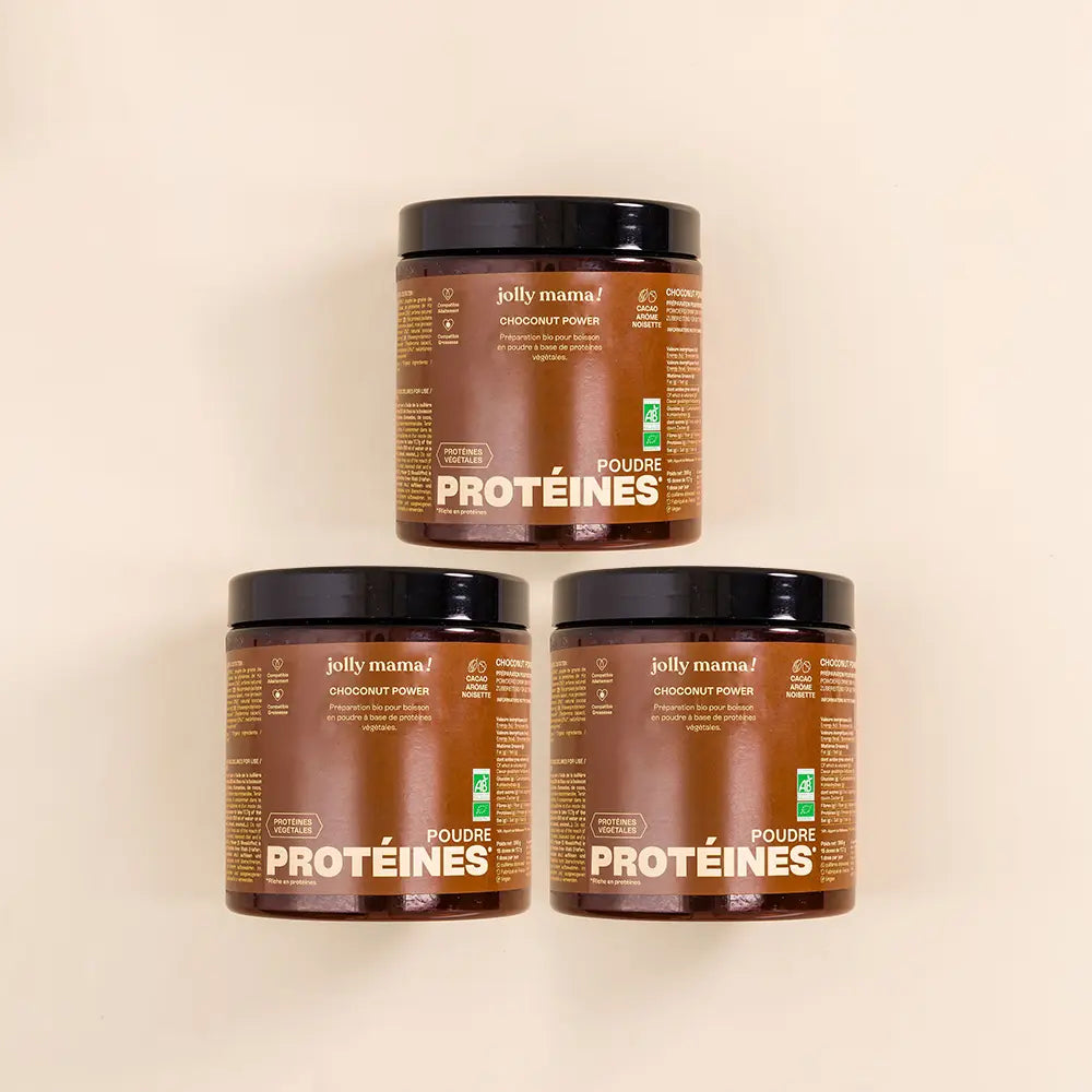 visuel de 3 packs de la poudre protéines végétales choco-noisettes