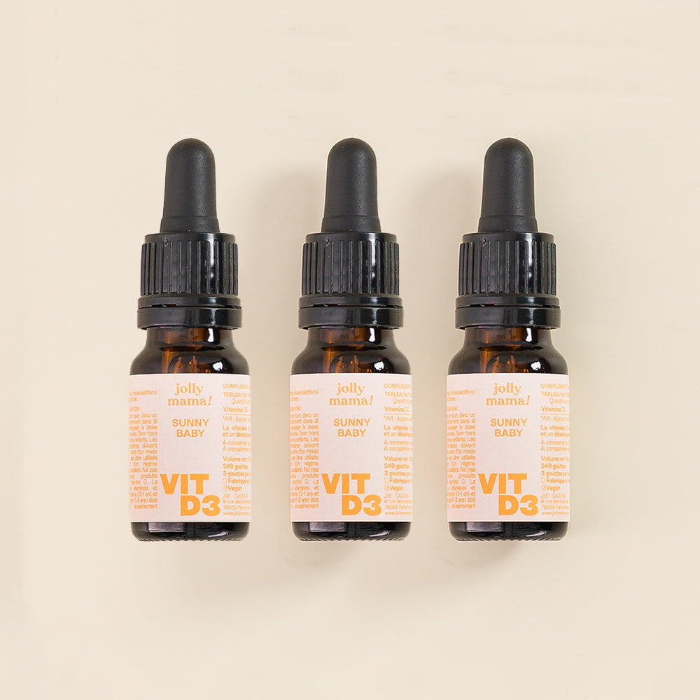 Sunny Baby – flacon pipette vitamine D3 vegan pour bébé, dosage simple 3 gouttes par jour, fabriqué en France