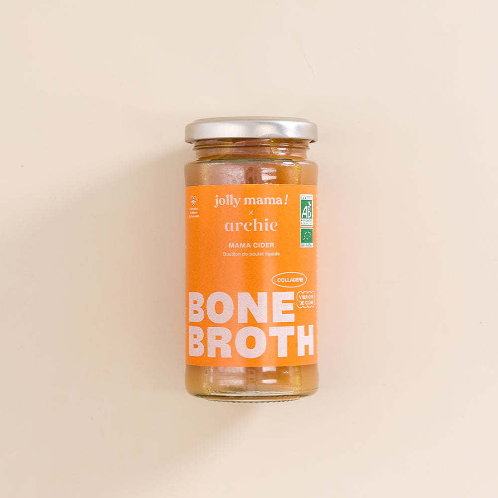Mama Cider Jolly Mama – bouillon d’os de poulet bio riche en collagène (7 g/pot), avec gingembre et citronnelle
