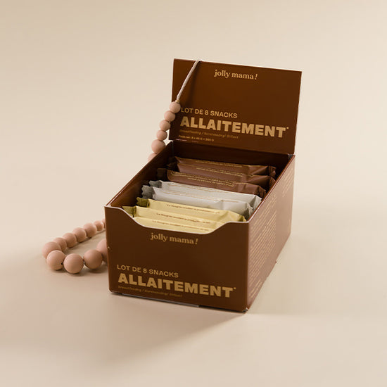 Pack Jolly Mama – mix gourmand de 8 snacks galactogènes (fenugrec, fer, DHA, collagène) + collier d’allaitement MintyWendy exclusif
